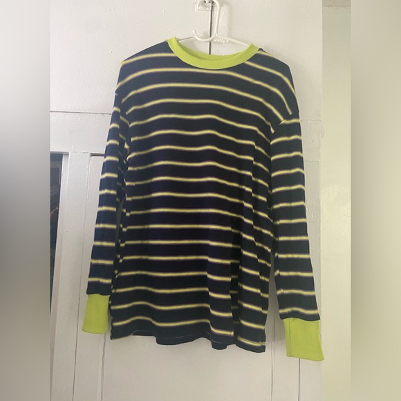 Neon-striped ribbed shirt with the off-center slit runs small. - Picture 2 of 3